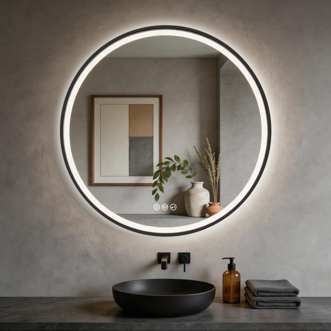 S'bagno Badspiegel-mit-Beleuchtung 80CM, LED-Badspiegel-Rund mit Bluetooth, Anti-Fog, 3 Lichtfarben,