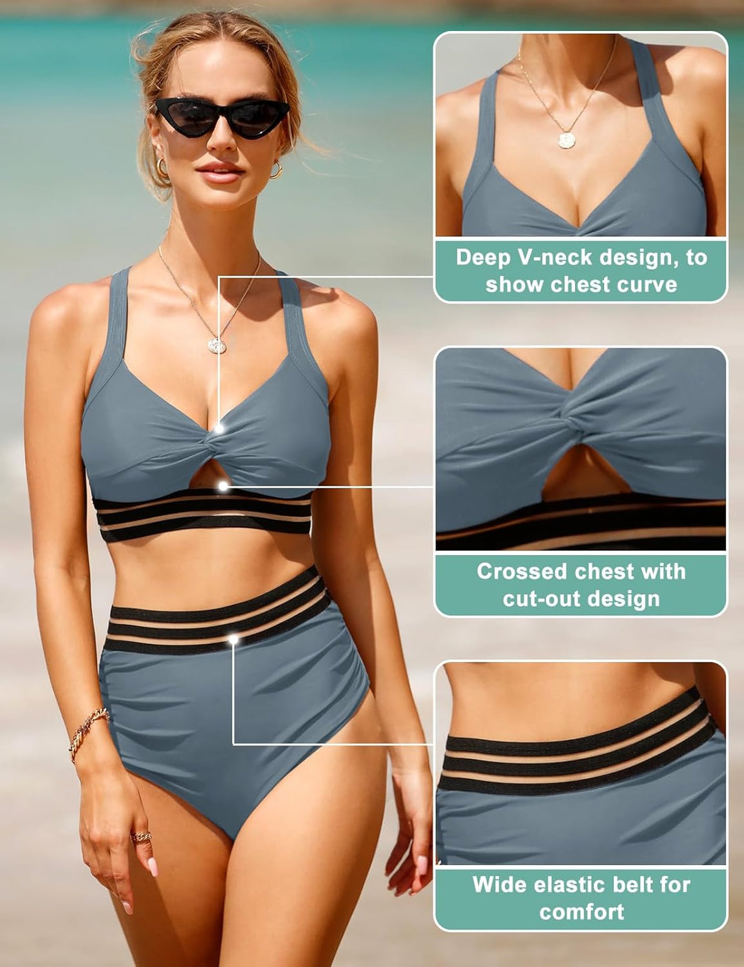 UMIPUBO Bikini Damen Bauchweg High Waist Push Up Bikini Sets Zurück kreuzen Grosse Brüste Bademode S
