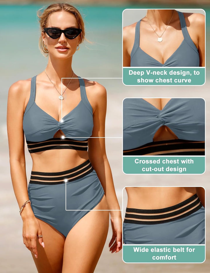 UMIPUBO Bikini Damen Bauchweg High Waist Push Up Bikini Sets Zurück kreuzen Grosse Brüste Bademode S