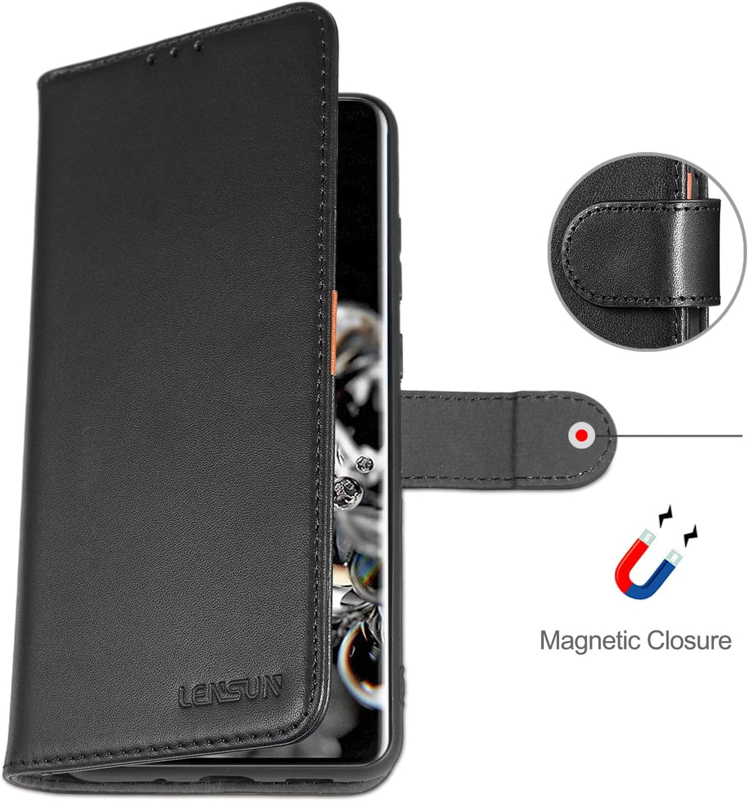 LENSUN Echtleder Hülle für Samsung Galaxy S20 Ultra, Handyhülle [Echtes Leder] [Magnetverschluss] [K