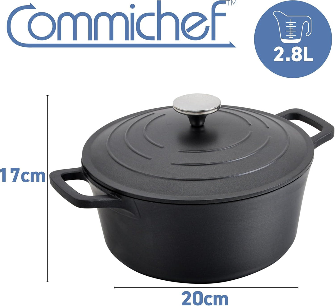 Commichef Runde Kasserolle, Auflaufform, Schwarz, Aluminiumguss, Mit Deckel, 20cm Durchmesser, 2,8 L