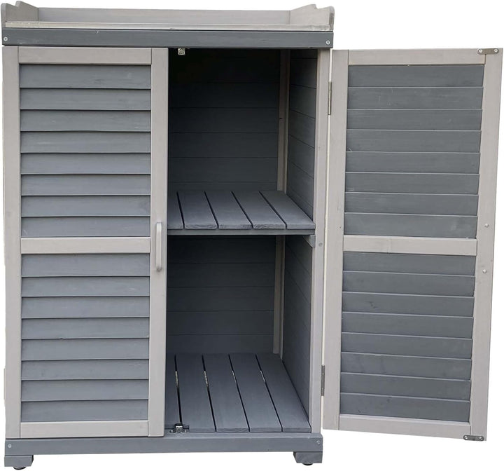 Gartentisch mit Unterschrank und Arbeitsplatte, Pflanztisch mit Schutzleisten, grau