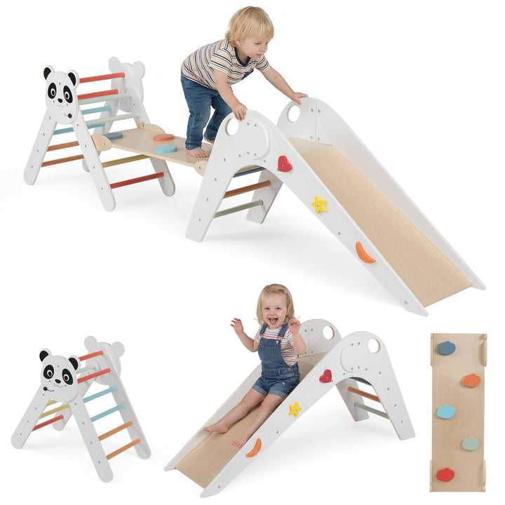FANTASK Kletterdreiecke Indoor 3er Set, Klappbares Klettergerüst Holz mit Rutsche, Rampe & Kletterle