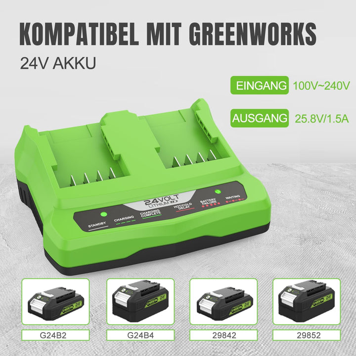 24V Dual Port Ladegerät Ersatz für Greenworks 24V Ladegerät G24X2UC2 G24X2C G24C Kompatibel mit Gree
