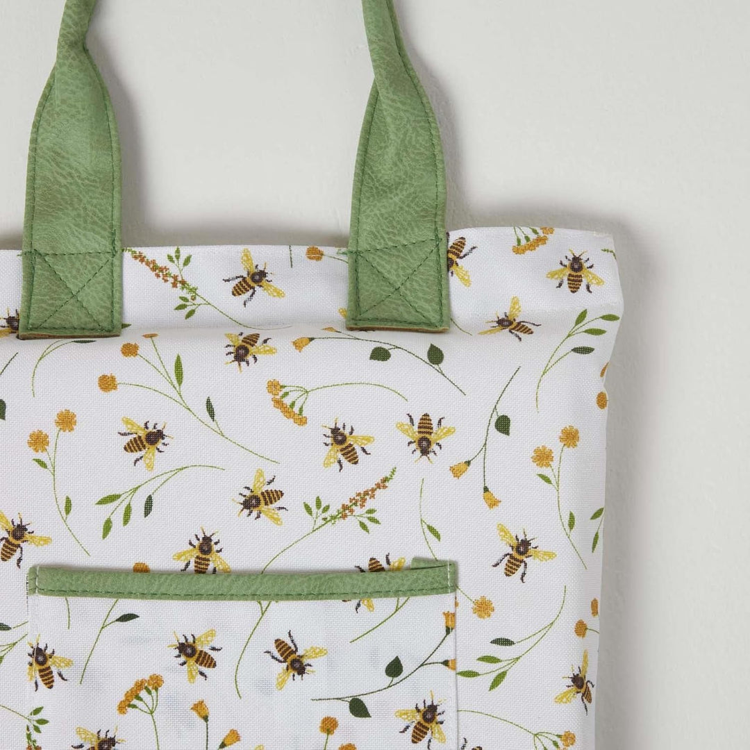 Homescapes Garten-Kniekissen mit Band, Design Blumen & Bienen grün-weiss, 27x40 cm grosse Kniematte