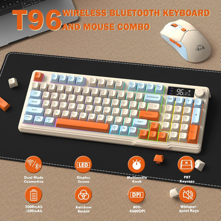 ZIYOU LANG×FREEWOLF T96 Kabelloses Gaming-Tastatur- und Maus-Set, BT/2,4 GHz, Smart Display und Knop