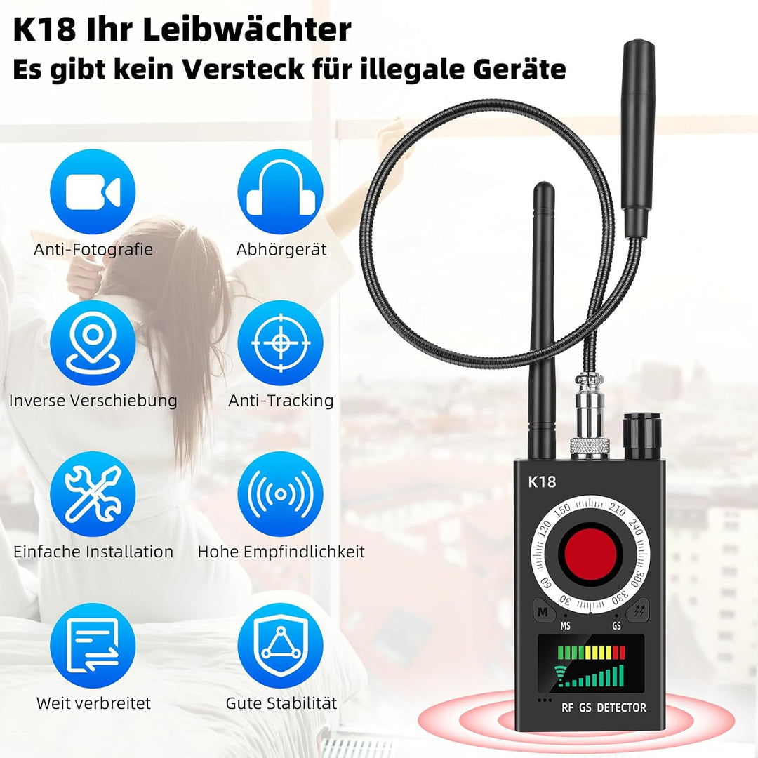 K18 Wanzen Detektor 4-in-1 Anti Spy Kamera &amp; GPS Scanner | RF 1MHz–6.5GHz detection · Magnetfeld &amp; G