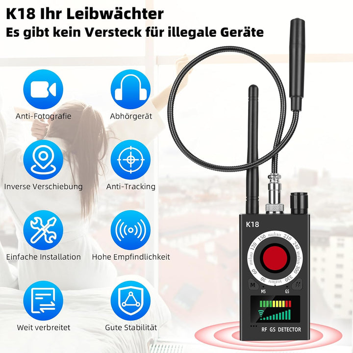K18 Wanzen Detektor 4-in-1 Anti Spy Kamera &amp; GPS Scanner | RF 1MHz–6.5GHz detection · Magnetfeld &amp; G