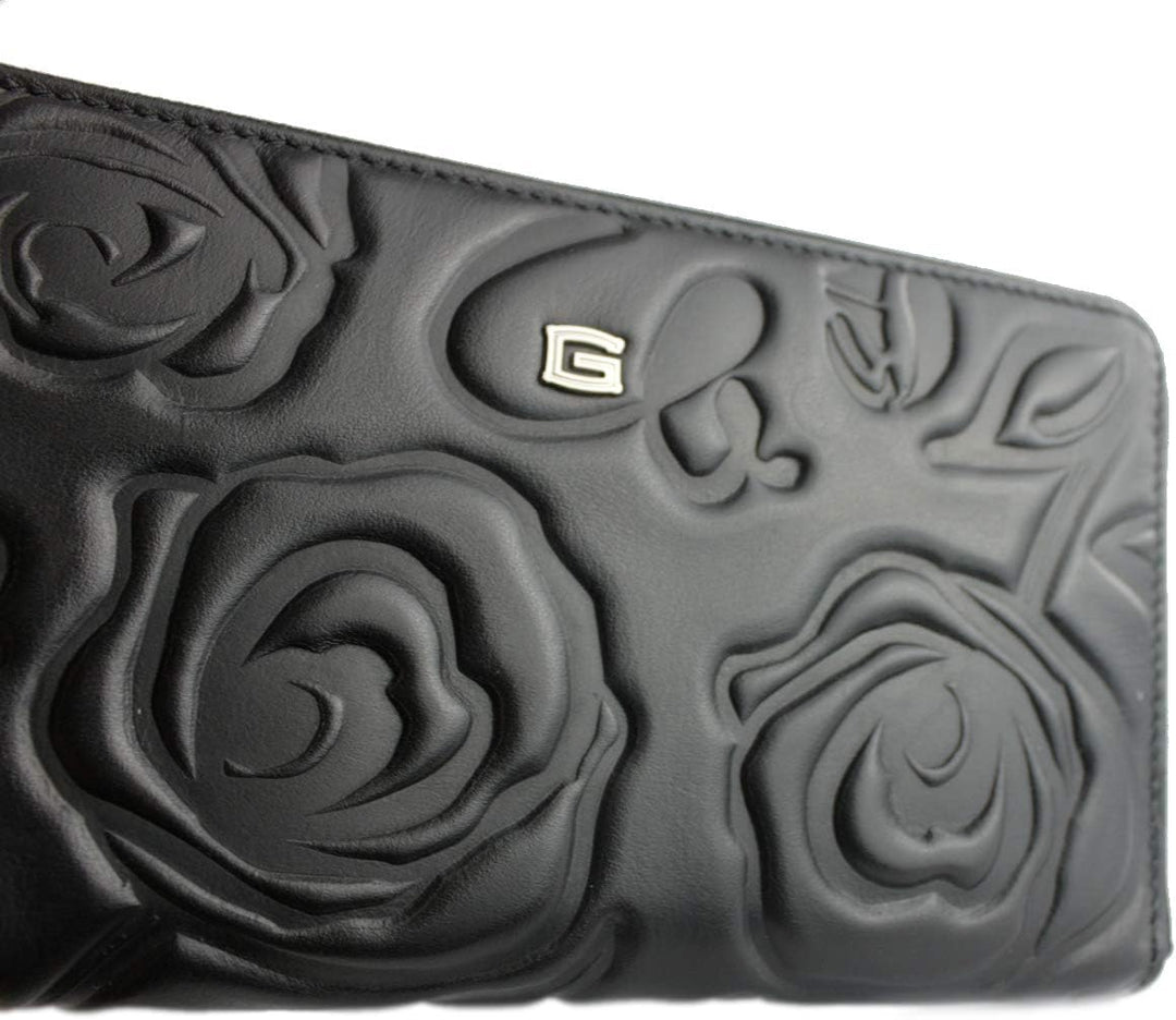 Giudi ® Geldbörse Damen Blumenprägung Schwarz Gross Echtleder Mit Vielen Fächern Schwarz, Schwarz