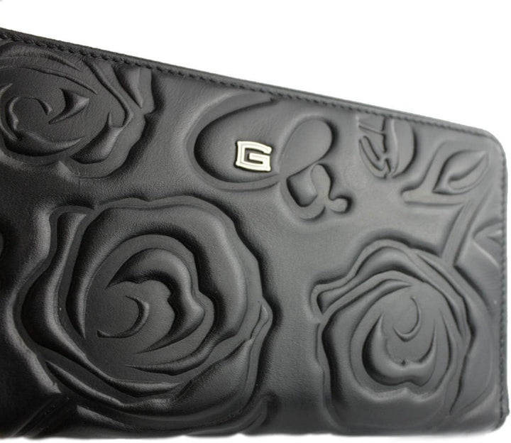 Giudi ® Geldbörse Damen Blumenprägung Schwarz Gross Echtleder Mit Vielen Fächern Schwarz, Schwarz