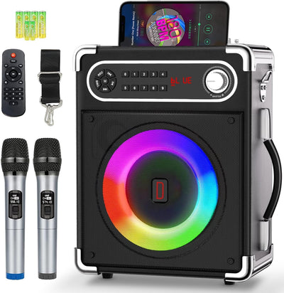 Karaoke Anlage mit 2 Mikrofonen, Tragbarer Kabelloser Lautsprecher Party Musik Box mit LED-Leuchten,
