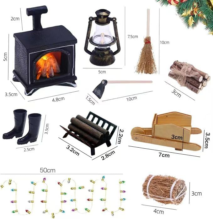 Puppenhaus Miniatur Zubehör Set, 13 Stück Wichtel Zubehör Weihnachten Möbel mit Grusskarten, Miniatu