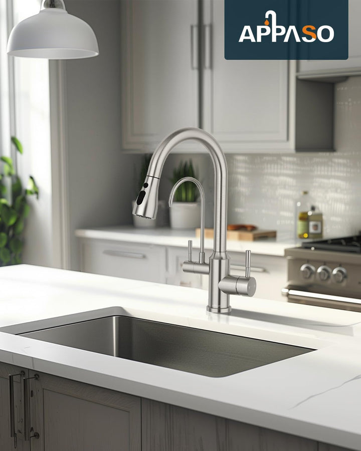 APPASO 3 Wege Wasserhahn Küche ohne Wasserfilter, 3 in 1 Mischbatterie Küche für Wasserfilter，Gebürs