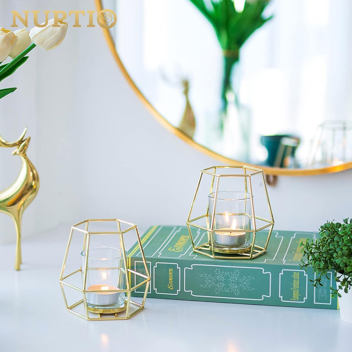Nuptio Geometrische Teelichthalter Gold - 2 Stück Kerzenhalter für Stumpenkerzen mit Votivglas Kerze