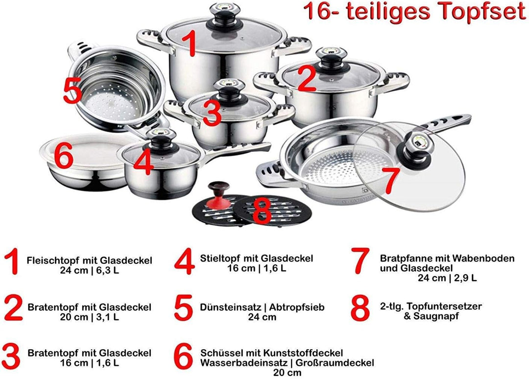 RL 16 TLG. Edelstahl Topfset Töpfe Kochtöpfe Kochtopf Topf Set Pfannen Kochgeschirr (Glasdeckel)