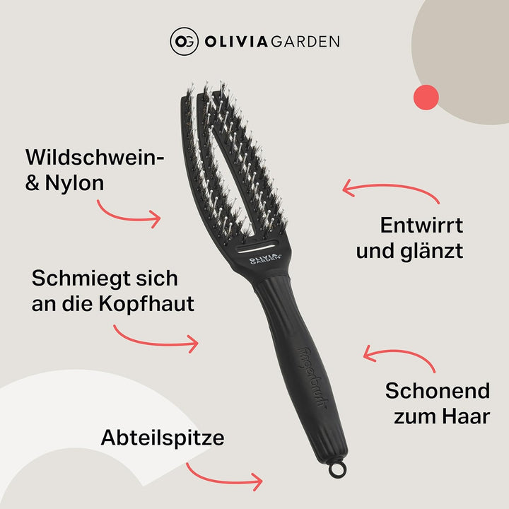 Olivia Garden Fingerbrush Care Iconic - Small - Schwarz - Detangler Bürste mit Wildschweinborsten &