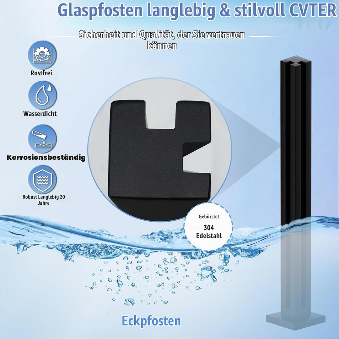 Cvter GlasGeländerpfosten, 65 cm – Glasklemme aus Edelstahl für 0,8–1,2 cm dickes, Balkongeländer gl