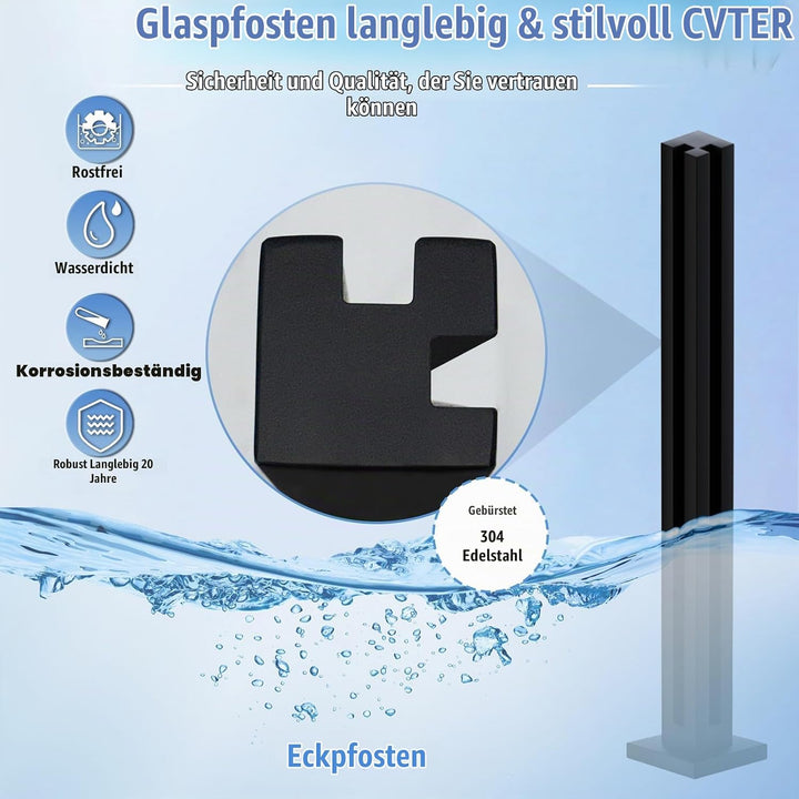Cvter GlasGeländerpfosten, 65 cm – Glasklemme aus Edelstahl für 0,8–1,2 cm dickes, Balkongeländer gl