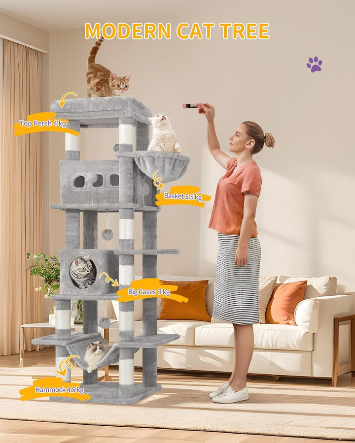 Hzuaneri Kratzbaum gross, 170 cm hoch, Katzenbaum, mit 8 Kratzbäume, 2 Höhlen, gross Plattformen, Wa