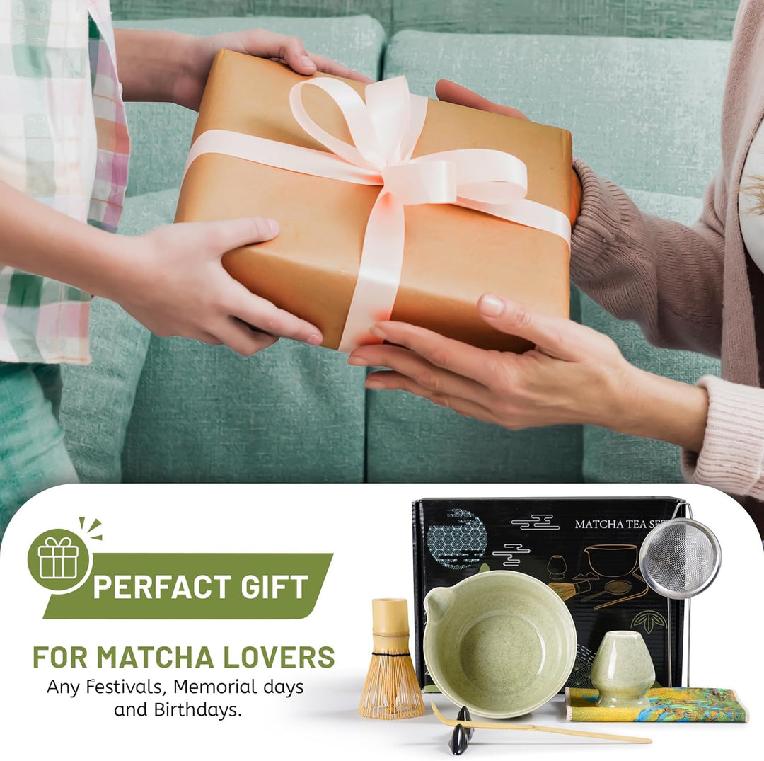 Matcha Set | Matcha Tee Set 7 Stück - mit Matcha Besen und Besenhalter, Schale mit Ausgiesser, Match