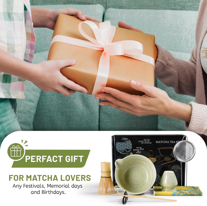Matcha Set | Matcha Tee Set 7 Stück - mit Matcha Besen und Besenhalter, Schale mit Ausgiesser, Match