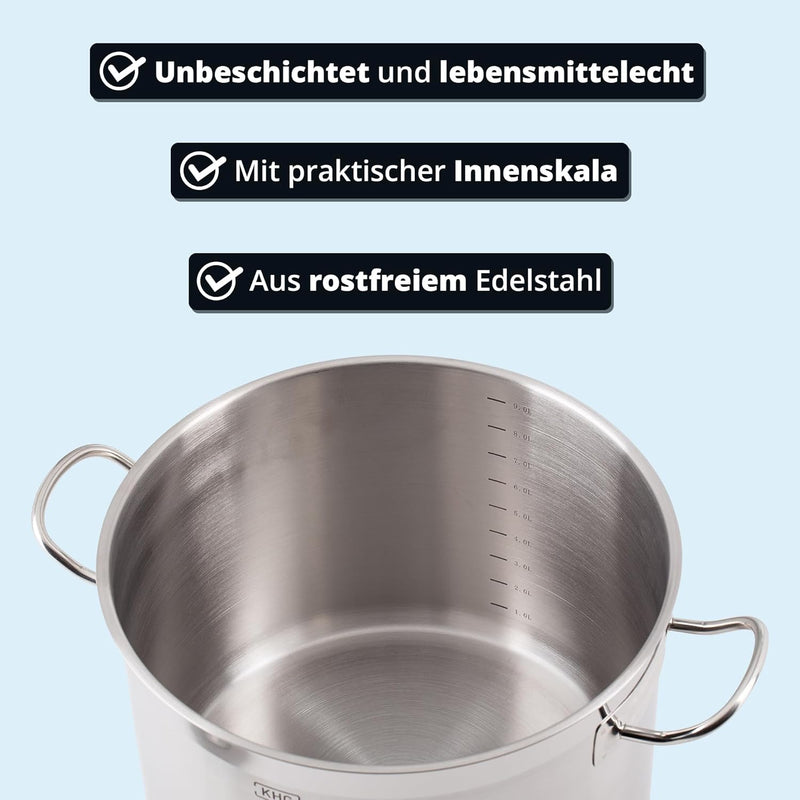 KHG Topf Kochtopf 26 cm, 9 Liter Induktion, Edelstahl unbeschichtet inkl. Glasdeckel - XXL Suppentop