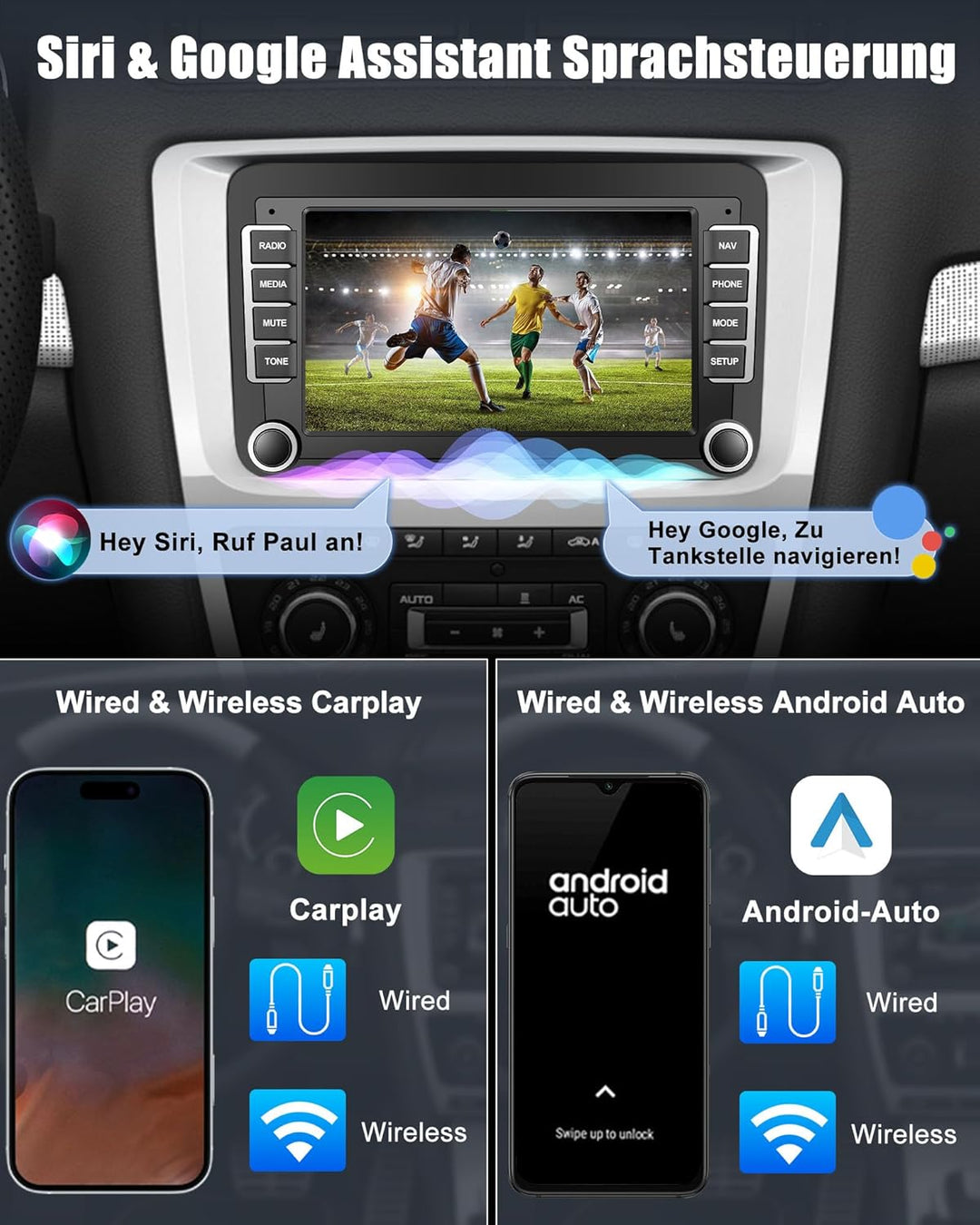 Bluetooth Autoradio mit Bildschirm für Golf 5 6 VW Polo T5 Passat Touran Seat mit Navi WLAN FM/AM, A