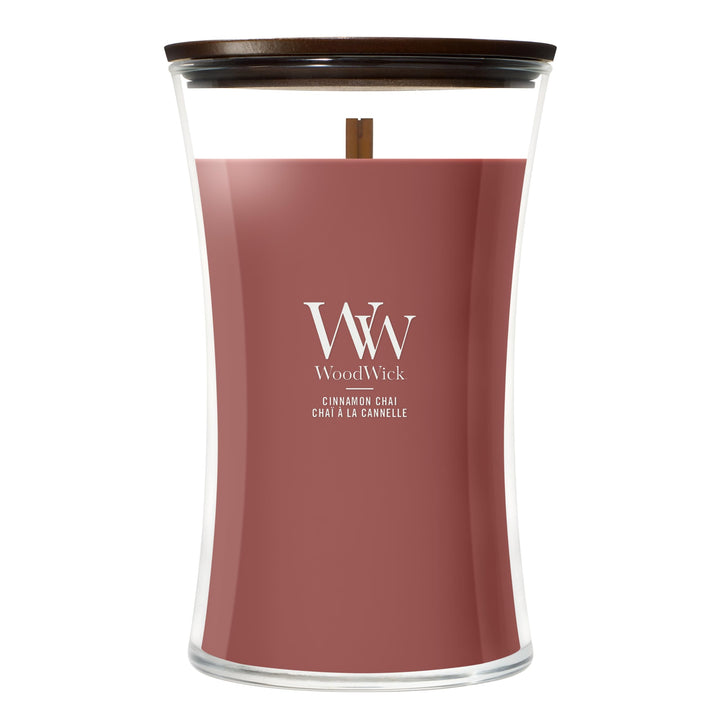 Grosse WoodWick Duftkerze im Sanduhrglas mit knisterndem Docht, Cinnamon Chai, bis zu 130 Stunden Br