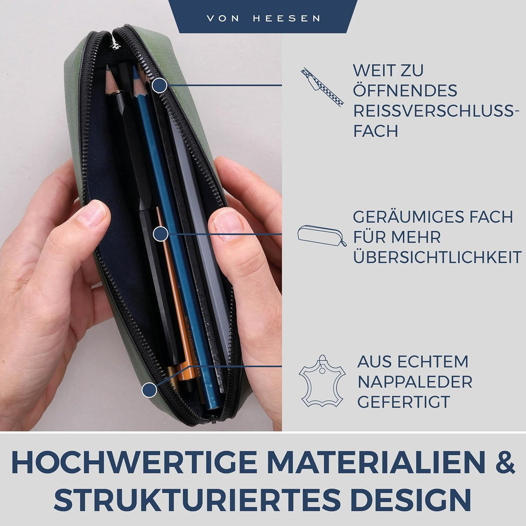 VON HEESEN® Echtleder Federmäppchen Leder Federmappe Etui für Stifte Mäppchen Schule Federtasche Uni