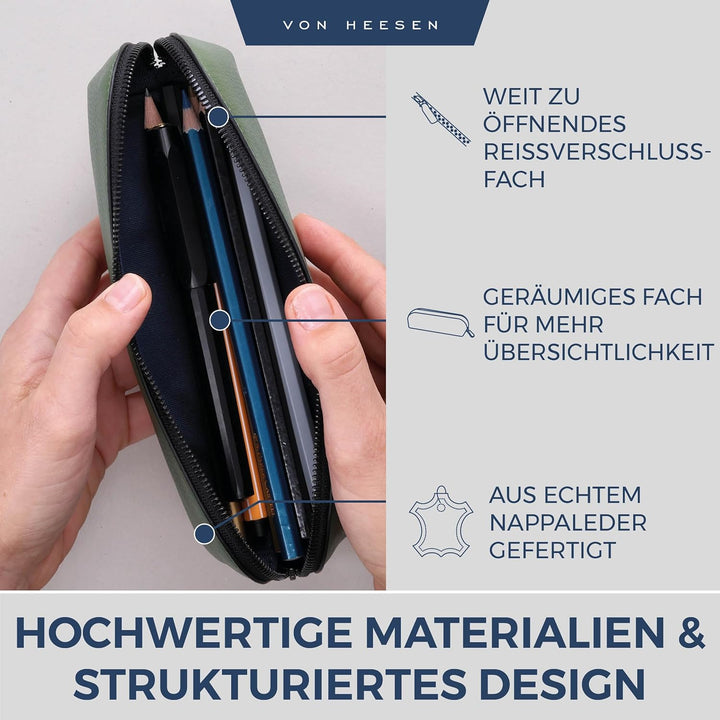 VON HEESEN® Echtleder Federmäppchen Leder Federmappe Etui für Stifte Mäppchen Schule Federtasche Uni