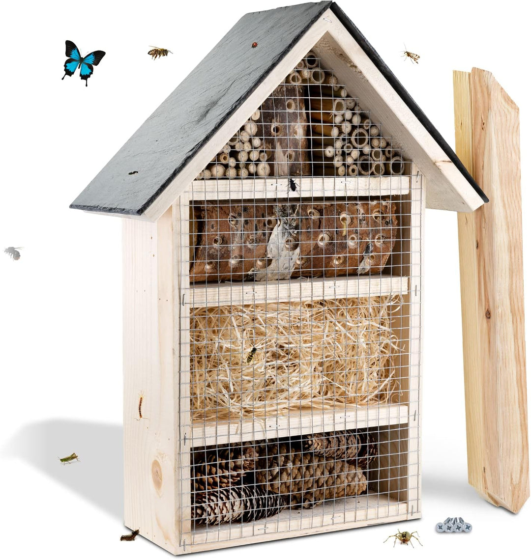 GARTENETAGE Insektenhotel mit Schieferdach/Naturbelassenes Insektenhaus & Bienenhotel/massives Insek