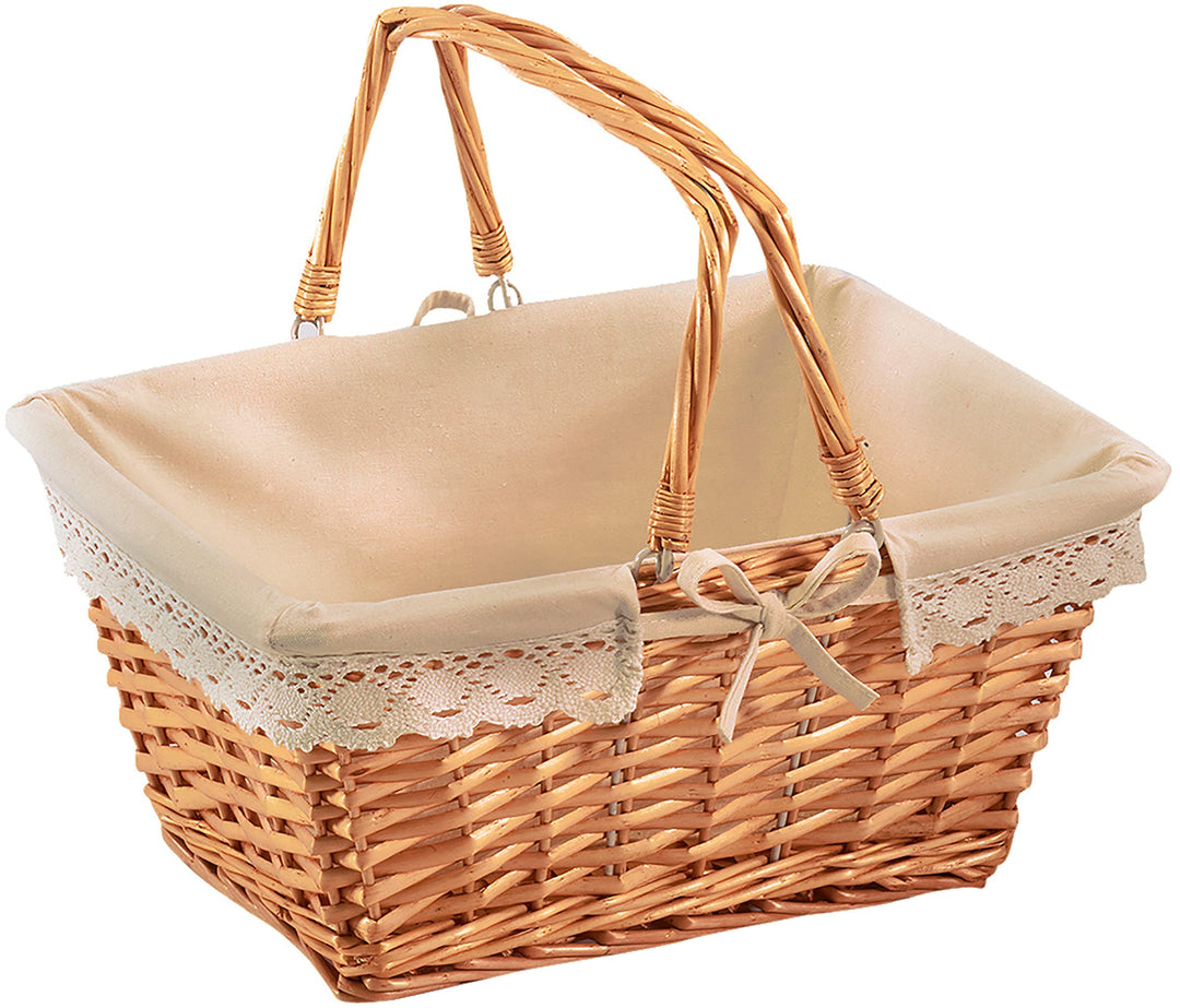 Kobolo Klappbügelkorb Weidenkorb mit Klapphenkeln eckig Textilfutter mit Häkelborte - braun - 40x30x