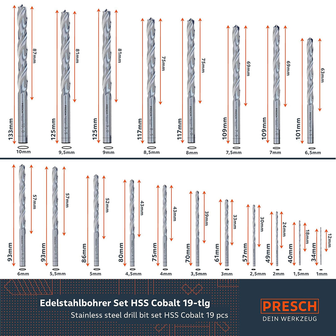 Presch Metallbohrer Set HSS Cobalt 19-tlg - Edelstahl Bohrersatz - Hochwertiges Bohrer Set für Metal