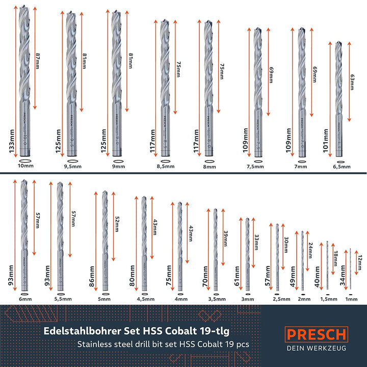 Presch Metallbohrer Set HSS Cobalt 19-tlg - Edelstahl Bohrersatz - Hochwertiges Bohrer Set für Metal