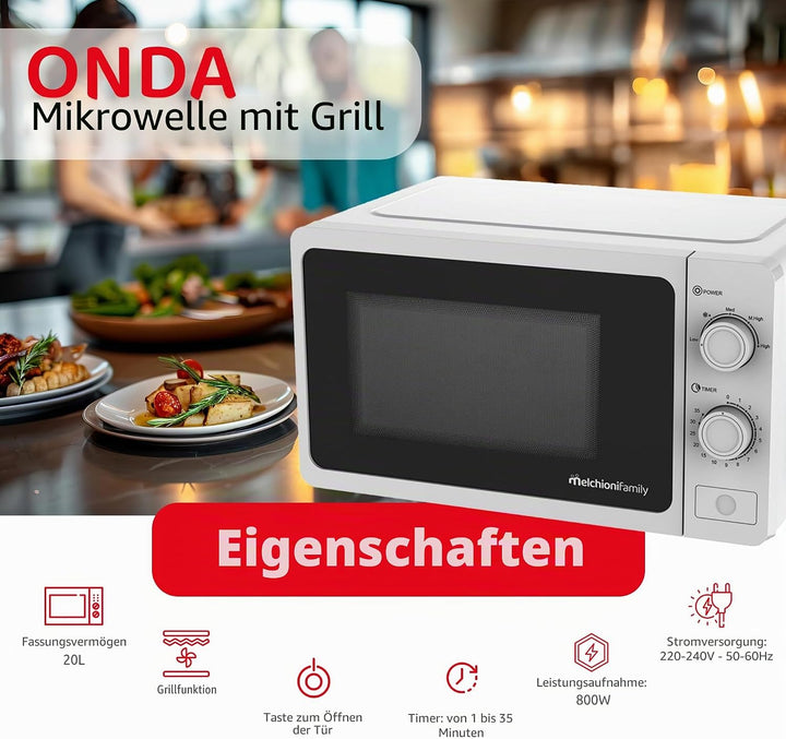 Melchioni Family Mikrowelle mit Grill 20 l, Welle, multifunktionale Mikrowelle, kleine Mikrowelle 80