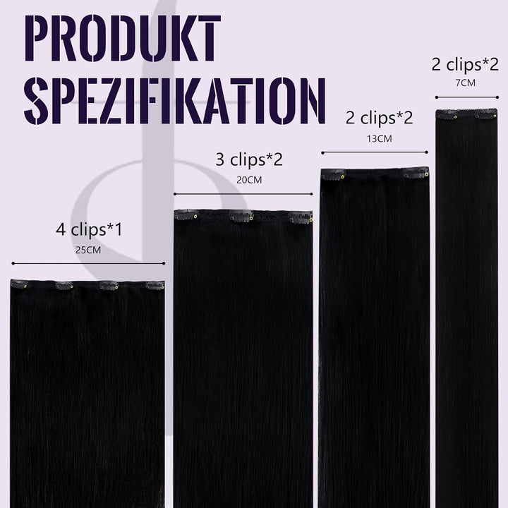 Clip in Extensions Echthaar Schwarz, 7 Stücke 120 g, 40 cm, seidig, Echthaar Haarverlängerung Clip i