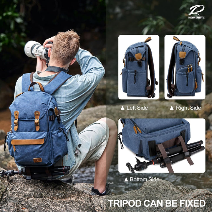 Padwa Lifestyle Kamerarucksack - Gewachstem Memory Canvas Kamerarucksack mit 16“ Laptop-/Objektivfac