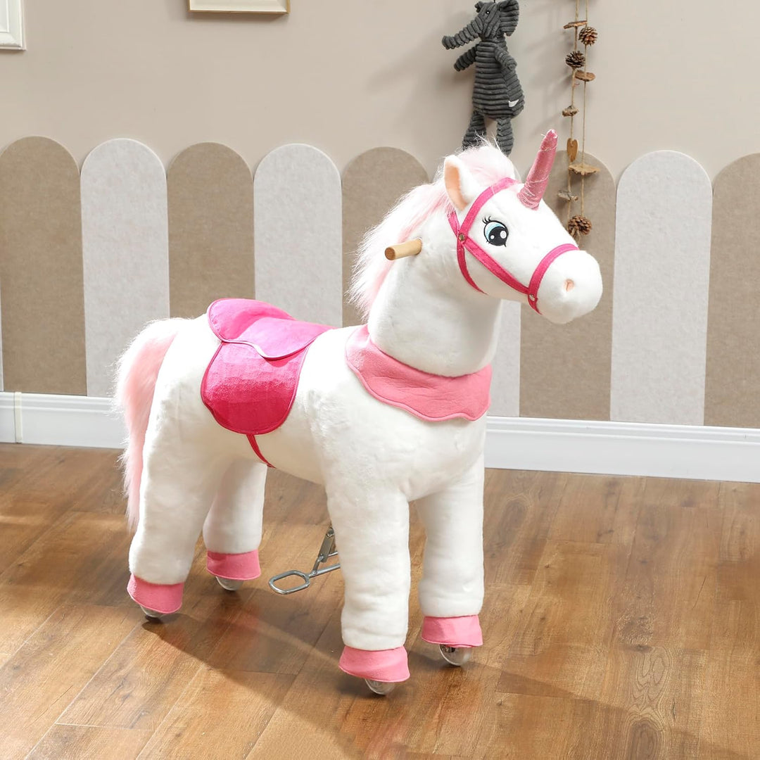 AIYAPLAY Reitpferd auf Rollen Spielpferd zum Reiten Stehpferd mit Einhorn-Design, Plüschpferd für 4-