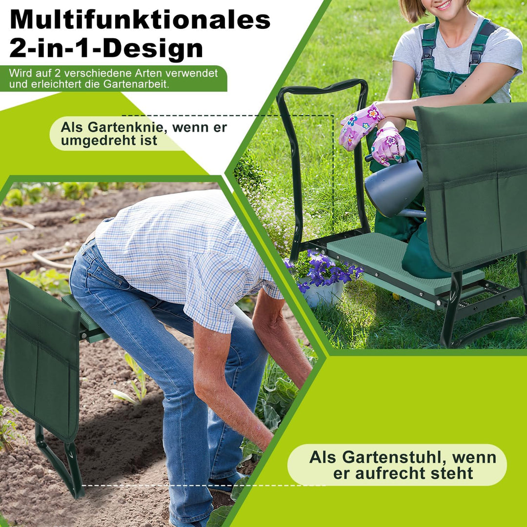 Kniebank für Gartenarbeit, gepolsterter Sitz, Klappbar, Arbeitshocker mit Werkzeugtasche, 59 x 49 x