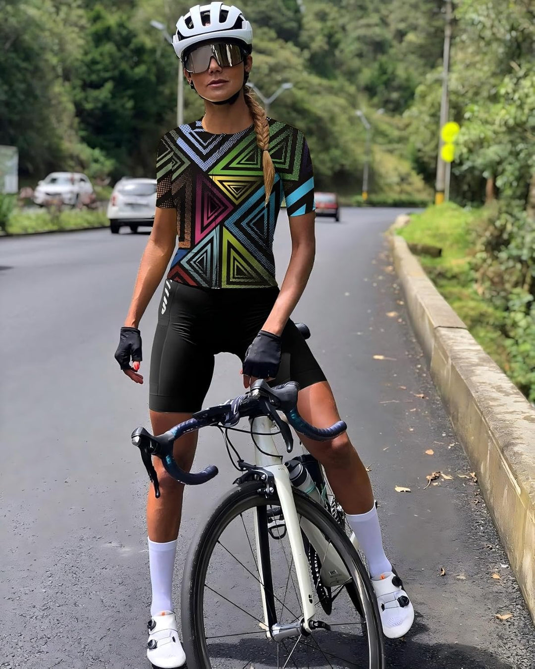 Wulibike Radtrikot Damen Langarm Fahrradtrikot Atmungsaktiv Rennrad Trikot mit 3 Rückentaschen 2-sch