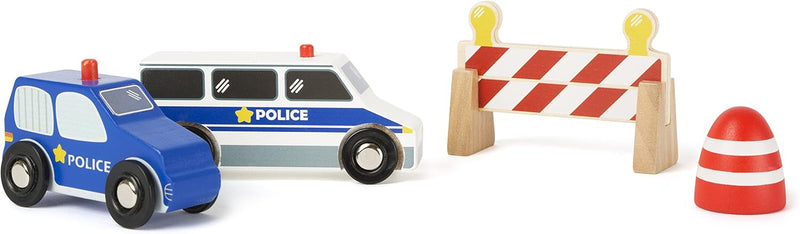 small foot 10804 World Polizei-Set aus Holz, inkl. Zwei Polizeiautos und Pylonen sowie Strassensperr