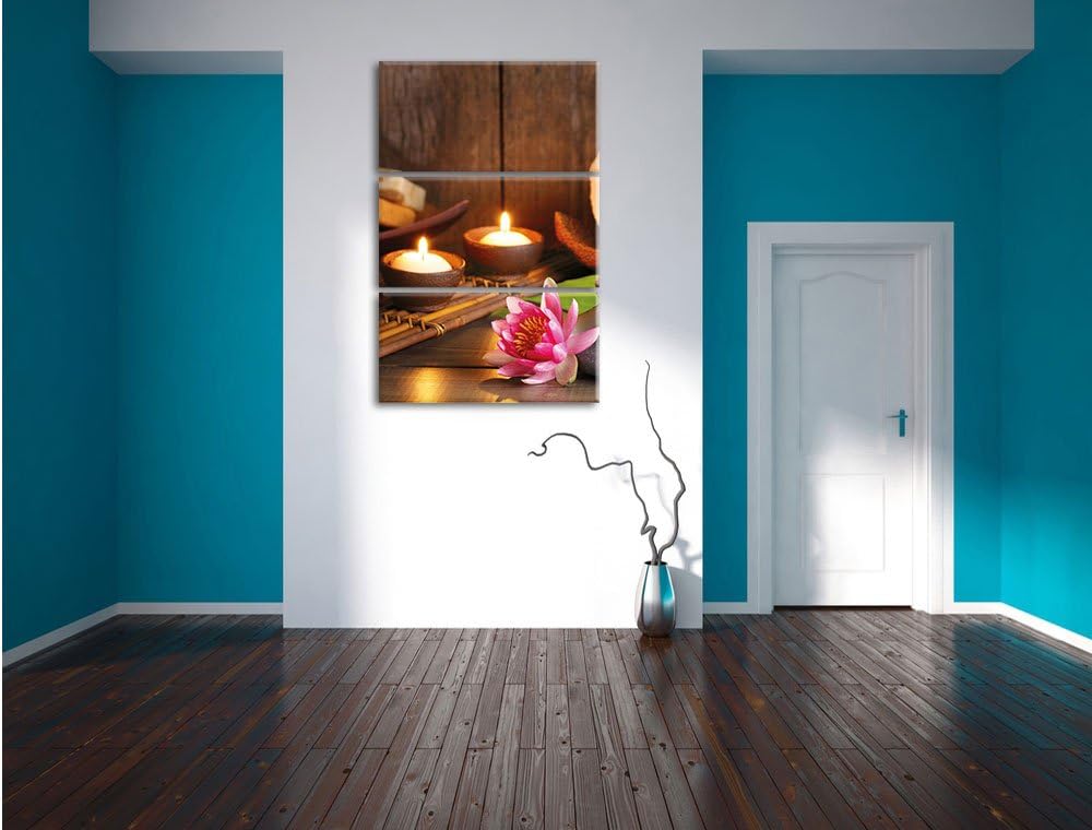 Pixxprint Kerzen mit Zen Steinen und Seerose als Leinwandbild | Grösse: 3 Teilig (120x80) | Wandbild