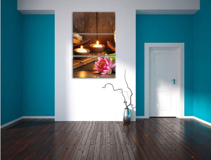 Pixxprint Kerzen mit Zen Steinen und Seerose als Leinwandbild | Grösse: 3 Teilig (120x80) | Wandbild