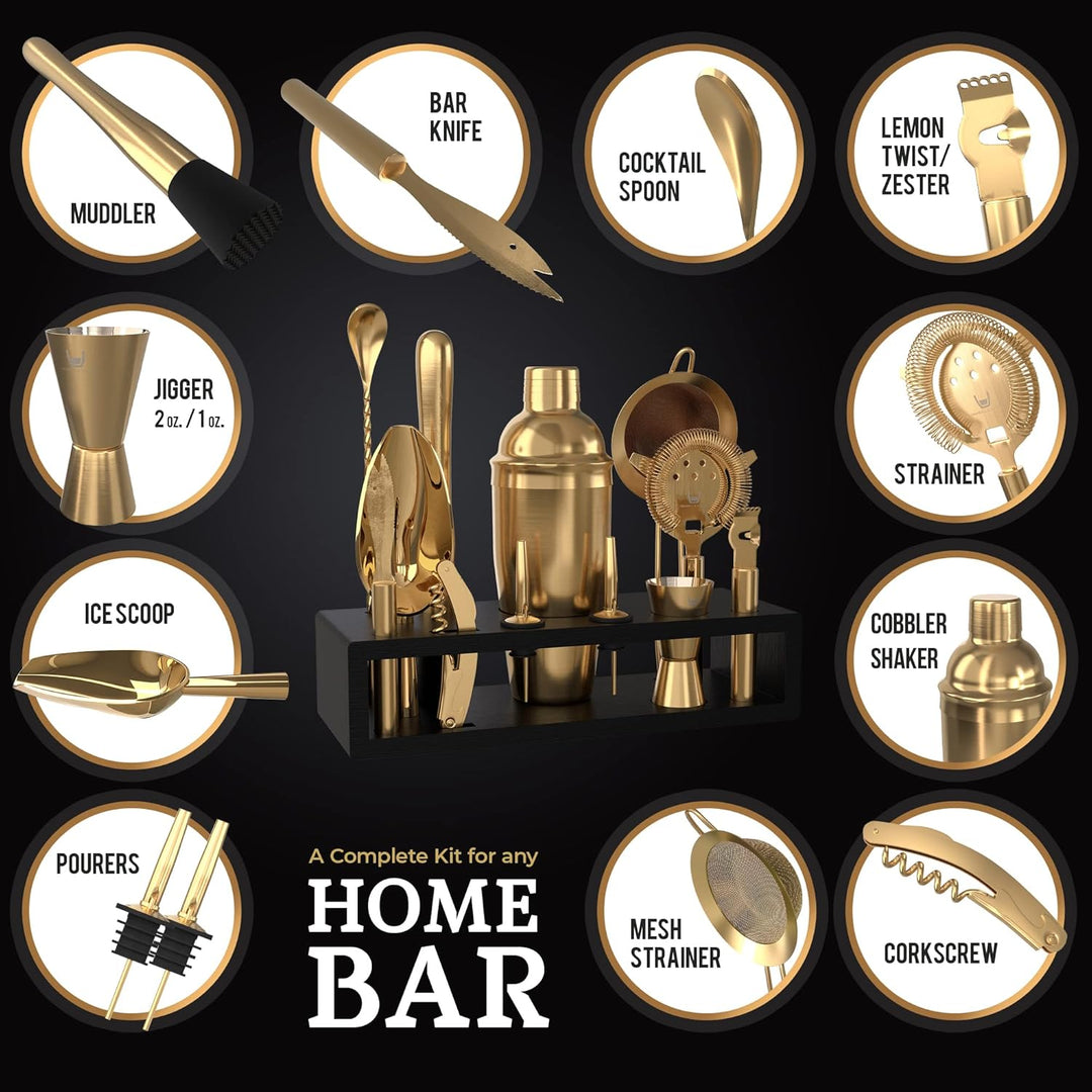 Highball & Chaser Barkeeper-Set mit Espresso-Bambusständer. Schönes Cobbler-Cocktail-Shaker-Set mit