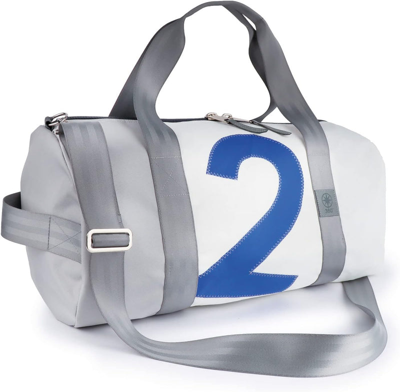 360 Grad Pirat Umhänge-Tasche Segeltuch weiss-grau, Zahl blau