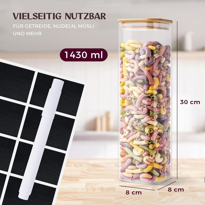 Happy Lemuro Premium Vorratsgläser mit Deckel Eckig [Extra Dickes Glas] 4 x 1,4l - Müsli, Spaghetti