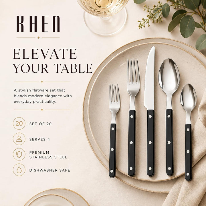 Khen Black Cutlery Sabre Besteck-Set, 6-teilig, 18/8 Edelstahl, modernes Besteck für Zuhause, Küche