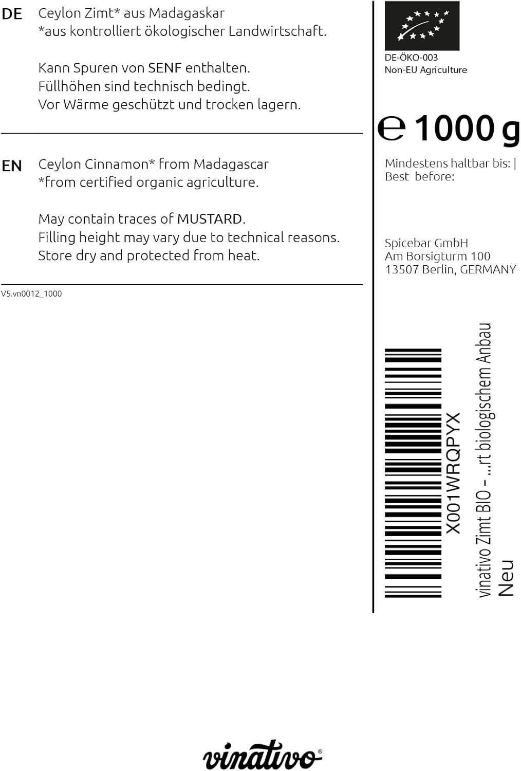 vinativo Zimt BIO – Ceylon aus Madagaskar – 1kg – Pulver – fein gemahlen und schonend getrocknet– bi
