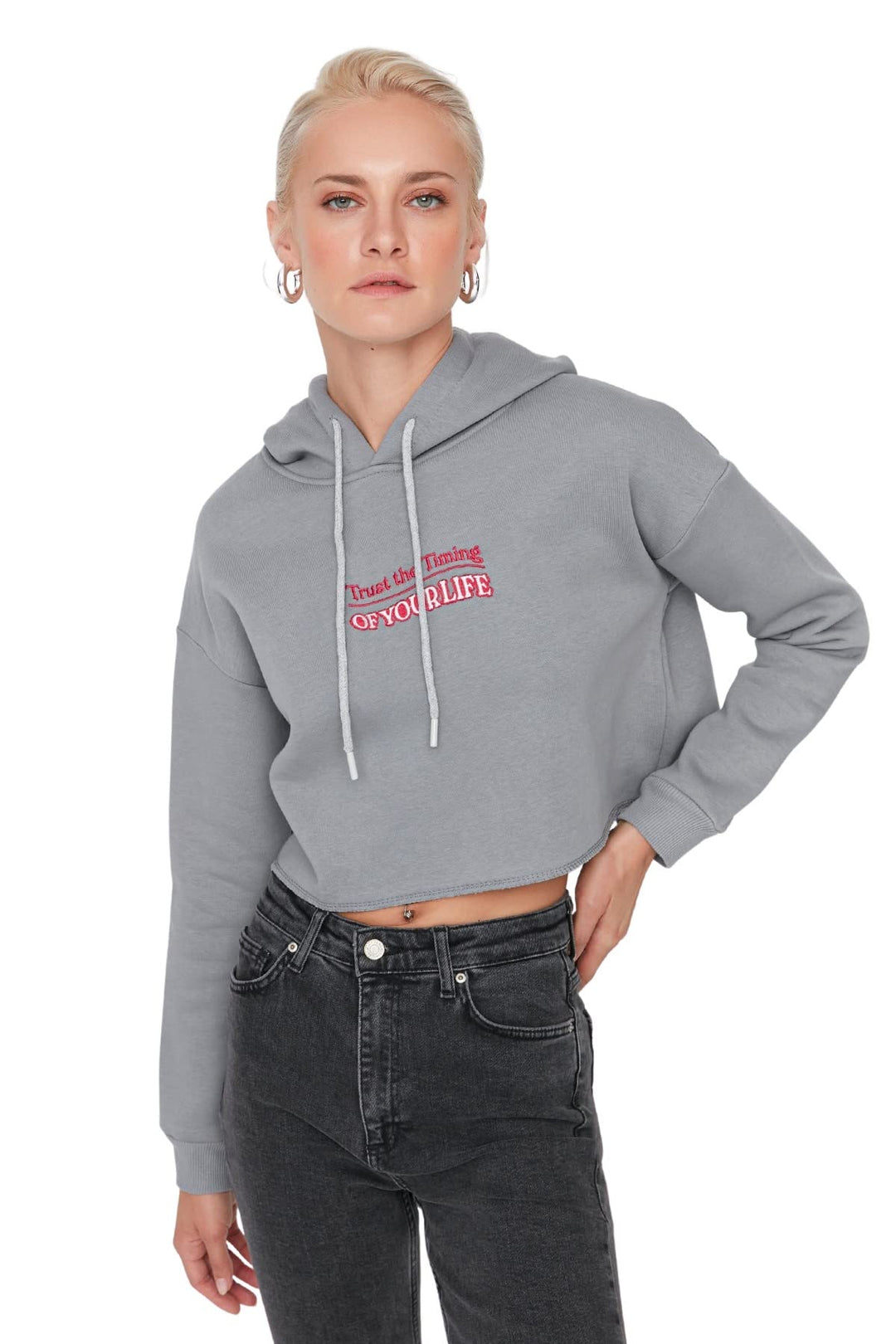 TRENDYOL Damen Hood with Slogan Schnitt Sweatshirt XS Gray, XS Gray