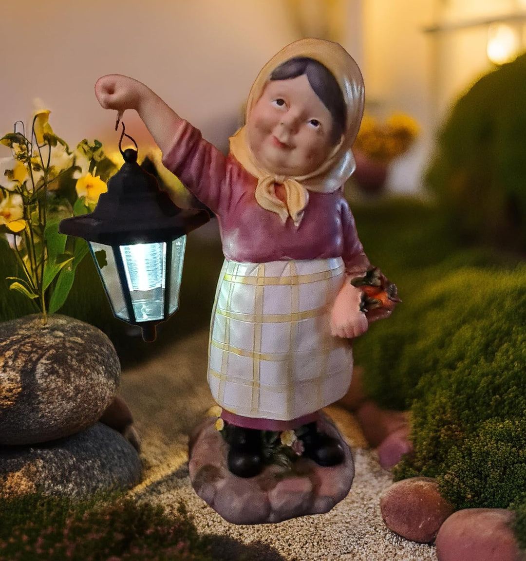 Kremers Schatzkiste Oma Edeltraud mit Solarlaterne und Korb Figur Gartenfigur 38 cm Garten Ältere Da